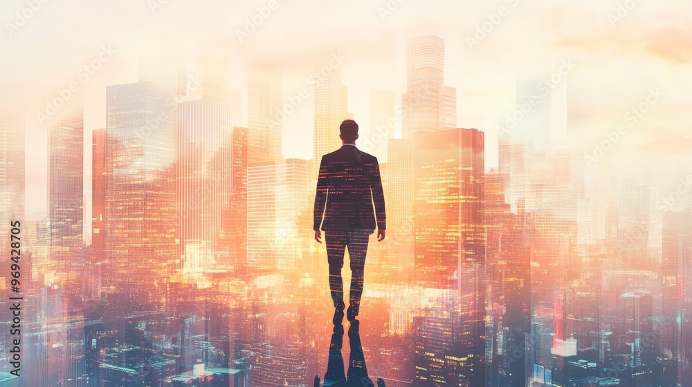Back view of young businessman walking on abstract city background. Success and development concept. Double exposure Back view of young businessman walking on abstract city background. Success and development concept. Double exposure
