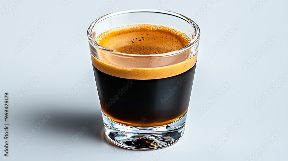 A close-up of espresso reveals its golden crema in a clear glass cup. A close-up of espresso reveals its golden crema in a clear glass cup.