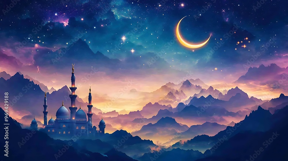 Mosque in the Mountains Under a Starry Night Mosque in the Mountains Under a Starry Night