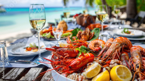 Diners relish a colorful seafood spread with shrimp, crab, and lemon by the beach, enjoying drinks under a clear blue sky photo