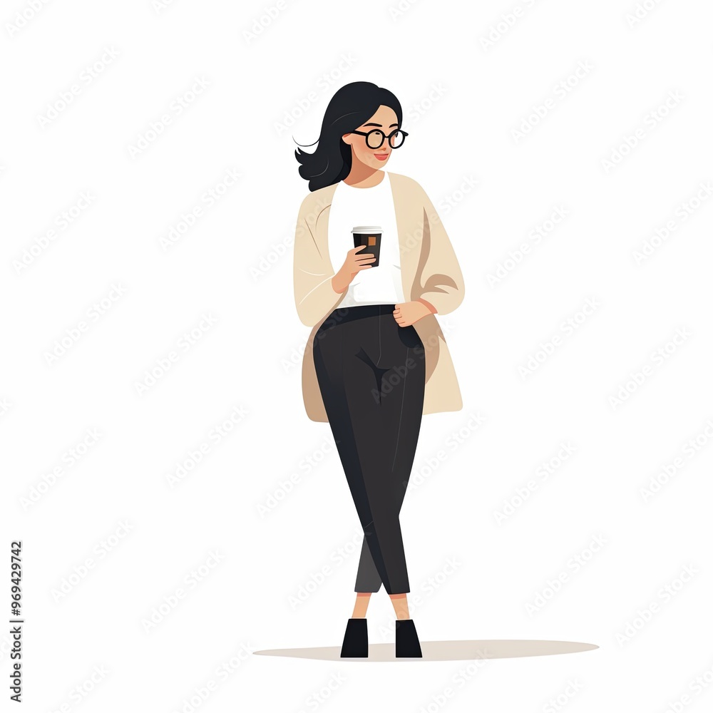 Fototapeta premium minimalist character with a woman holding a coffee cup