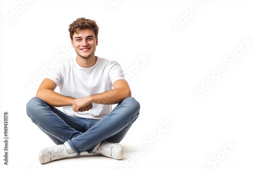 A young man is sitting on the floor with his hands on his knees. He is smiling and he is relaxed.