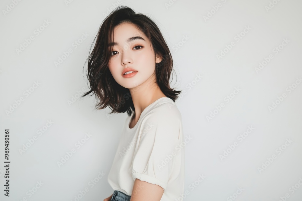 A stylish Asian woman in casual clothing, posing confidently against a white background. A stylish Asian woman in casual clothing, posing confidently against a white background.