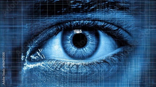 Close-up of a blue eye showing technology-augmented vision photo