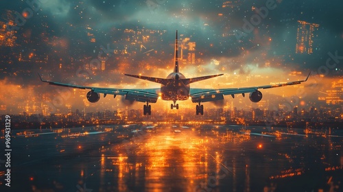 Airplane Landing on Runway with Glowing City Lights and Dramatic Sky at Sunset, Futuristic Aerial View, 3D Render. photo