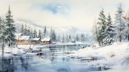 Watercolored artwork of a winter landscape Norway-style