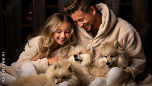 A young loving couple cuddling with their two fluffy white dogs on a cozy winter night in their home.