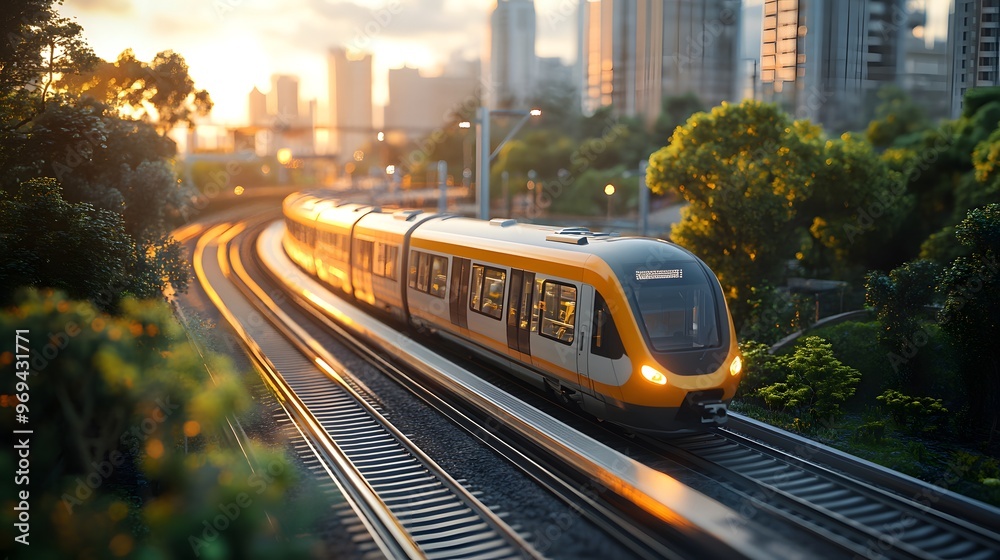 Naklejka premium Modern High-Speed Train Traveling Through Urban Landscape at Sunset - Cityscape, Railway Tracks, Transportation, Public Transport, Travel, Journey