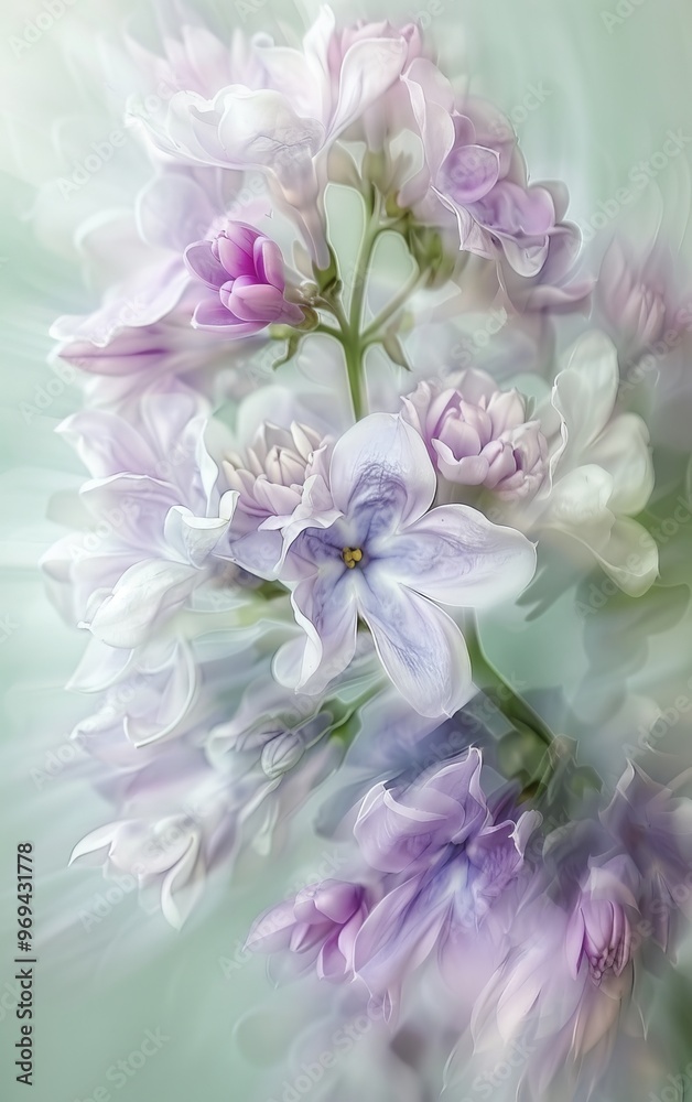A bouquet of lilac flowers with purple and white petals, captured in motion blur, creating an impressionistic effect. The background is a light green A bouquet of lilac flowers with purple and white petals, captured in motion blur, creating an impressionistic effect. The background is a light green