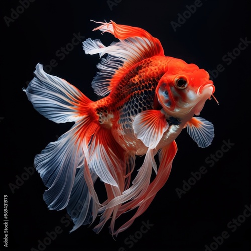 A vibrant goldfish with flowing fins swimming gracefully against a dark background. photo