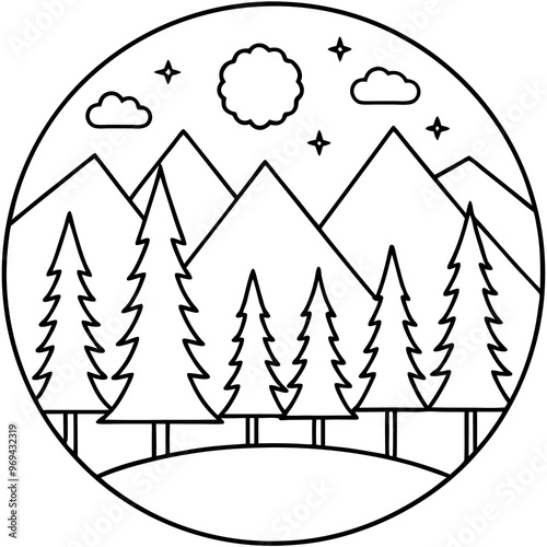 forest landscape outline coloring book page line art drawing