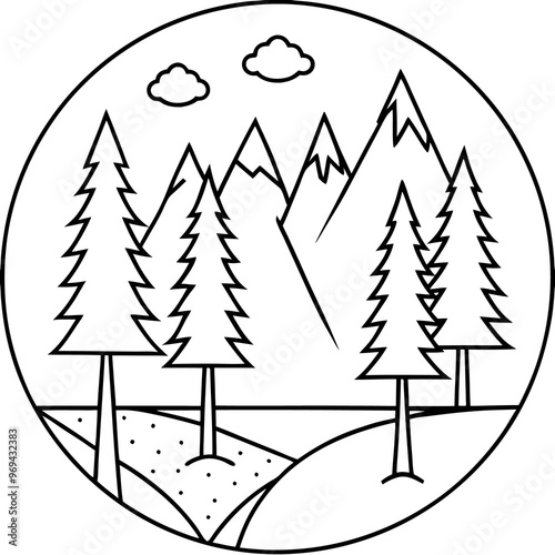 forest landscape outline coloring book page line art drawing