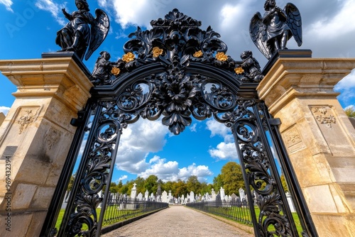 An ornate iron gate at the entrance of a cemetery, with angelic figures and flowers carved into the metal, symbolizing peace and remembrance