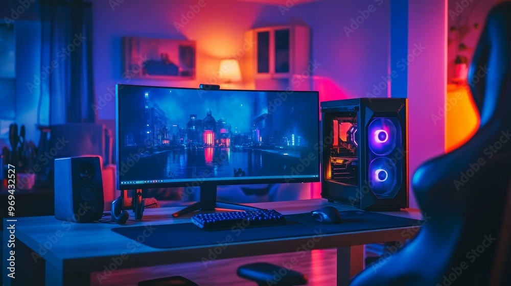 Professional workstation and gaming computer to play video games online or do professional design and multimedia work. In a room with colorful neon led lights. Professional workstation and gaming computer to play video games online or do professional design and multimedia work. In a room with colorful neon led lights.