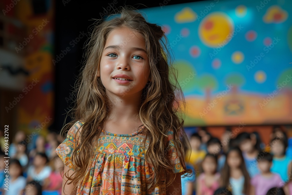 Fototapeta premium A smiling girl with long hair stands confidently in front of an audience during a vibrant school performance in a colorful auditorium