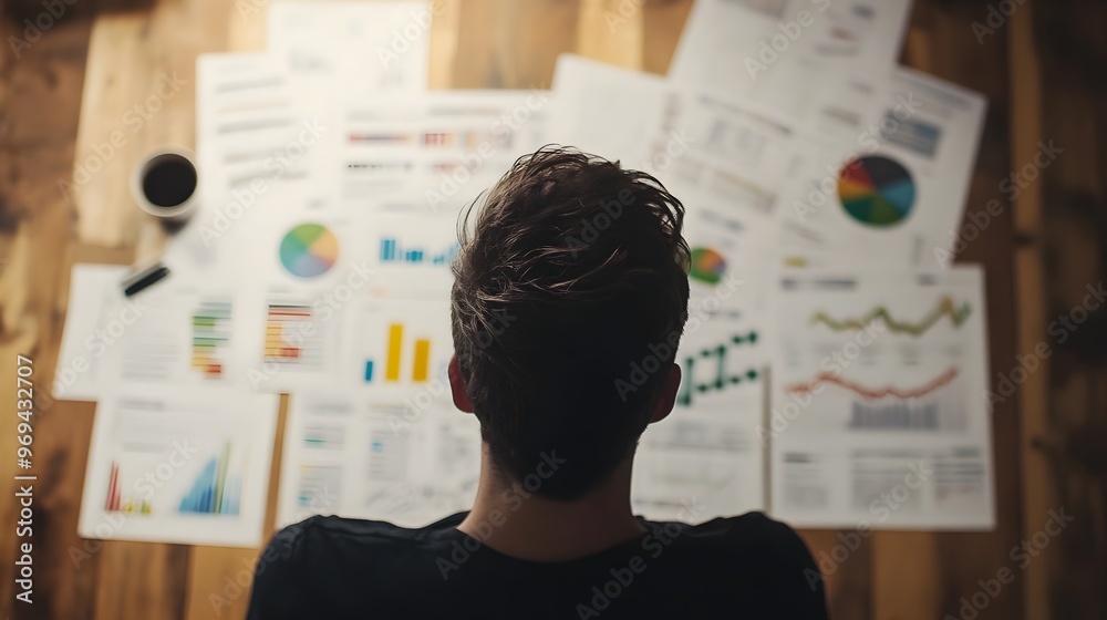 Entrepreneur Analyzing Business Plan with Data Visualizations and Analytics Entrepreneur Analyzing Business Plan with Data Visualizations and Analytics