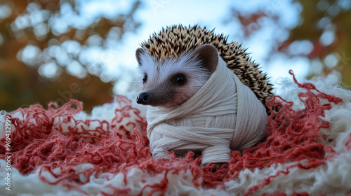 Cute Hedgehog Wrapped In A Bandage, Lying On A Fluffy Red And White Blanket. photo