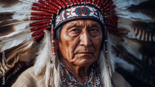 Native American Man In Traditional Headdress.  Close-Up Portrait Of Indigenous Man Wearing A Beaded Headdress With Feathers. photo