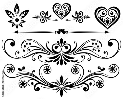 Black ornaments, vector abstract floral frame, design elements with corners and ornaments