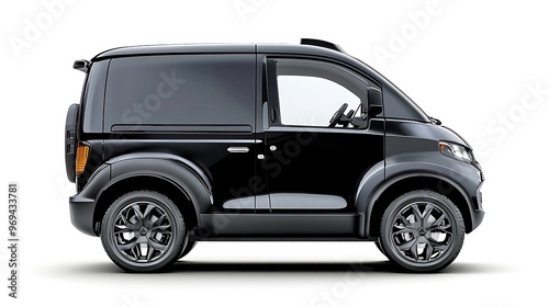 A black compact van sits sleekly in profile, exuding practicality and style.