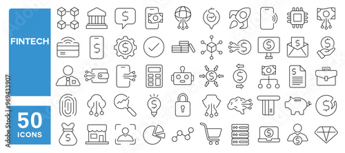 Set of 50 line icons related to fintech, banking, financial, payment, cryptocurrency, digital, technology, analysis, wallet, Editable stroke. Vector illustration