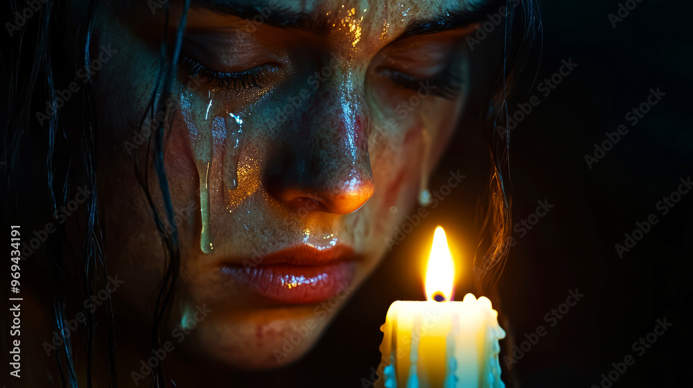 Woman With Tears In Her Eyes, Looking At A Candle Flame.  Hope, Grief,  Dark Background.  Close-Up, Dramatic Lighting.