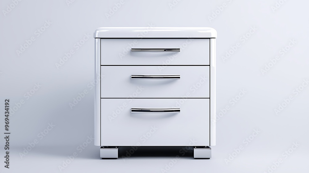 A white cabinet with chrome handles and three drawers offers clean, modern storage. A white cabinet with chrome handles and three drawers offers clean, modern storage.