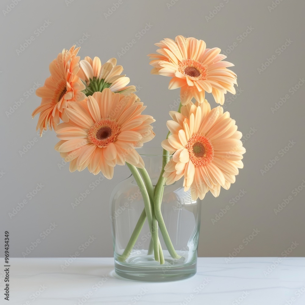 A clear glass vase with peach-colored gerbera daisies arranged in it on the table, captured from an angle of about one and three-quarters. The background is a white wall A clear glass vase with peach-colored gerbera daisies arranged in it on the table, captured from an angle of about one and three-quarters. The background is a white wall