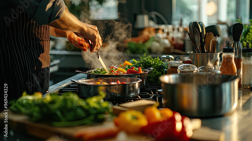 A chef prepares fresh vegetables in a vibrant kitchen, showcasing culinary creativity. photo