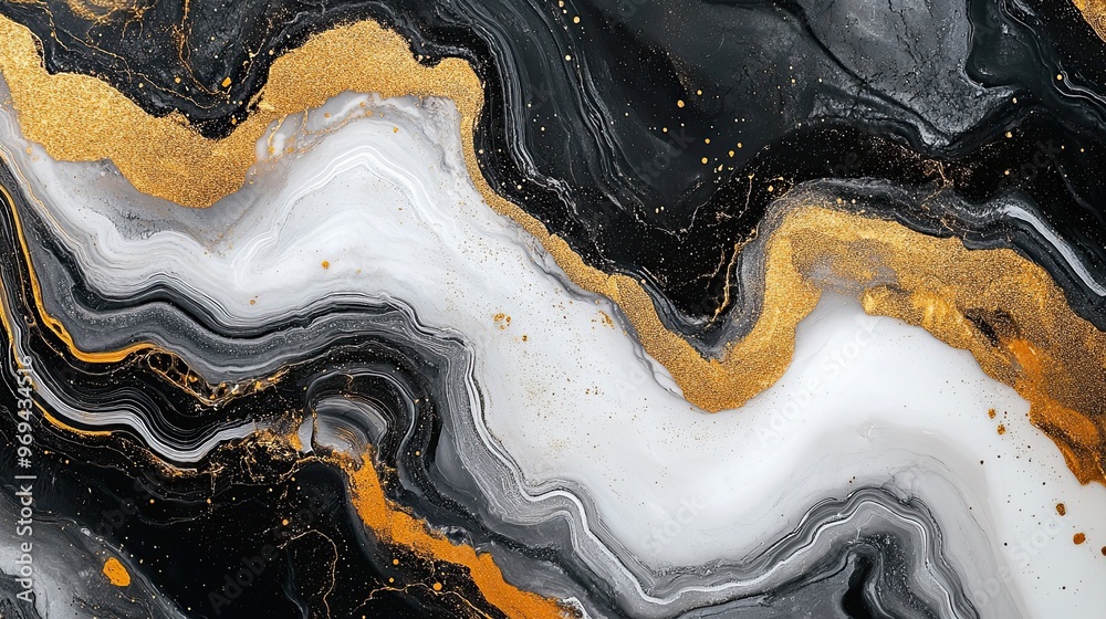 Abstract marble pattern with flowing lines in black, white, and gold