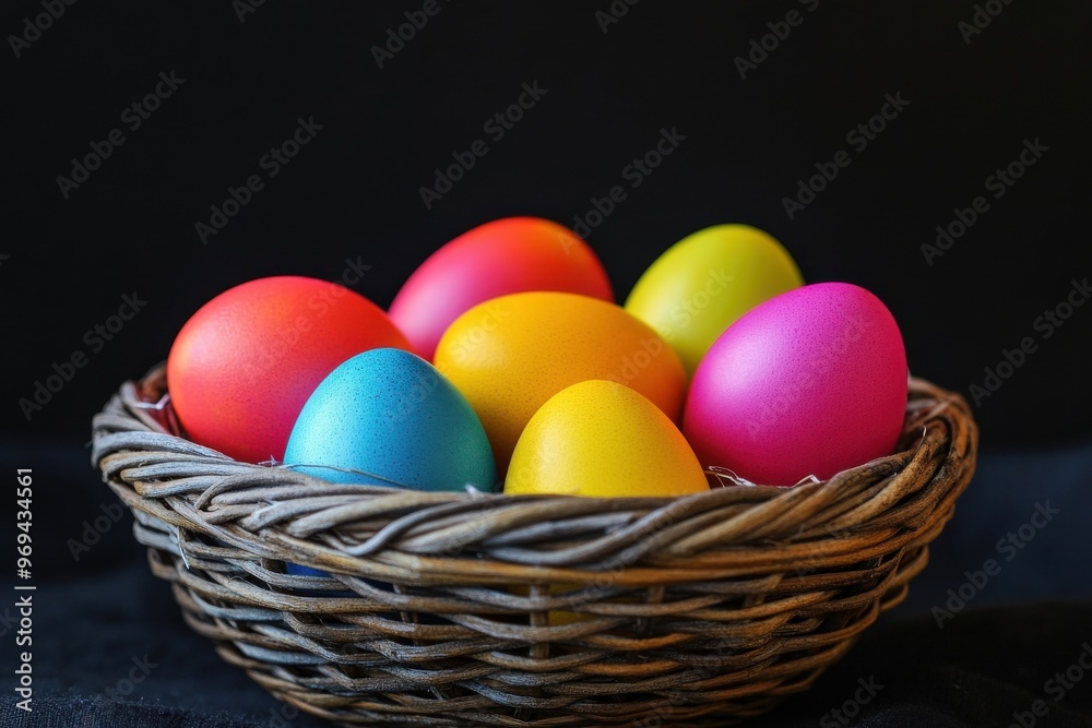 Colorful easter treats displayed in a woven container Colorful easter treats displayed in a woven container