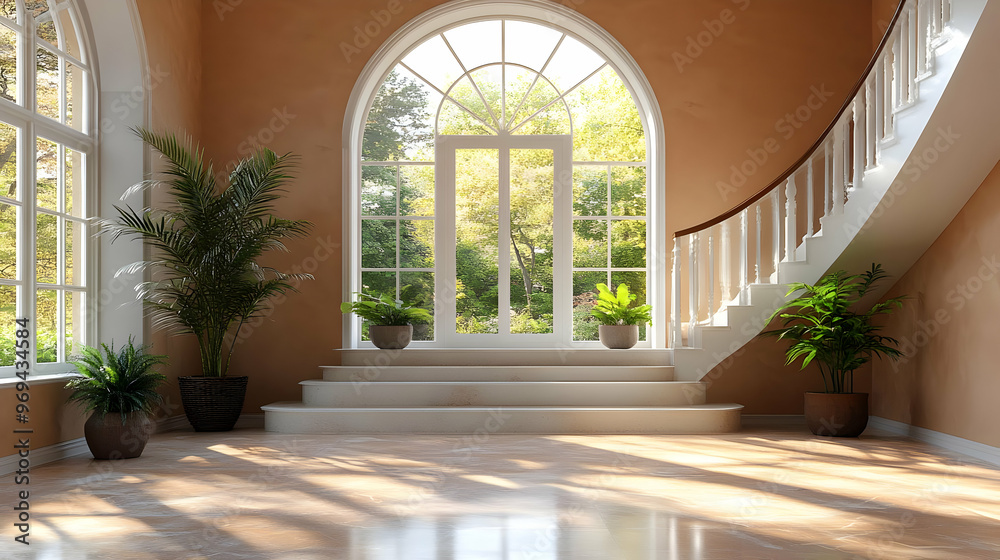 A spacious foyer with large windows and a staircase, adorned with potted plants. A spacious foyer with large windows and a staircase, adorned with potted plants.