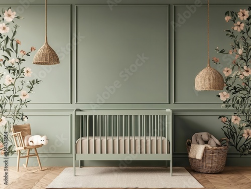 A vintage-inspired nursery with a pastel green crib, floral wallpaper, and a soft beige rug, 3D rendering, Classic and calming