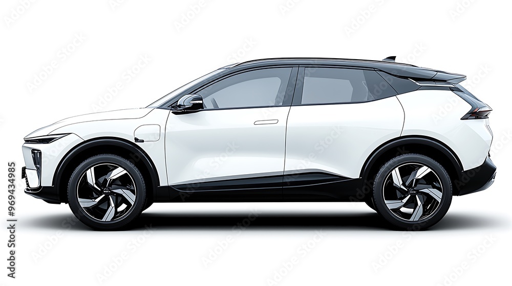 A modern white electric SUV sits boldly isolated on a white background, exuding innovation. A modern white electric SUV sits boldly isolated on a white background, exuding innovation.