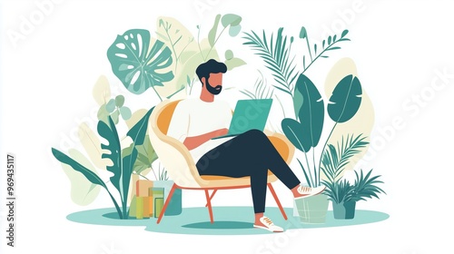 Work from home, return to office, coworking. Man freelance worker with laptop working remotely goes to work. Concept of choosing a workplace, self-employment. 