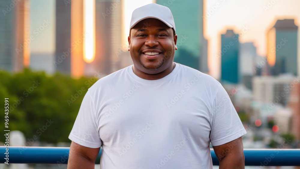 Plus size black man wearing white t-shirt and white baseball cap standing on cityscape background Plus size black man wearing white t-shirt and white baseball cap standing on cityscape background