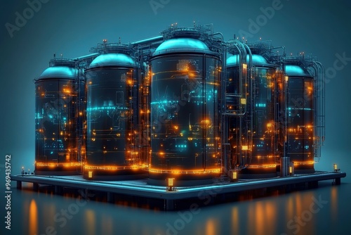 A futuristic nuclear waste processing facility with glowing canisters and clean bright design elements. photo