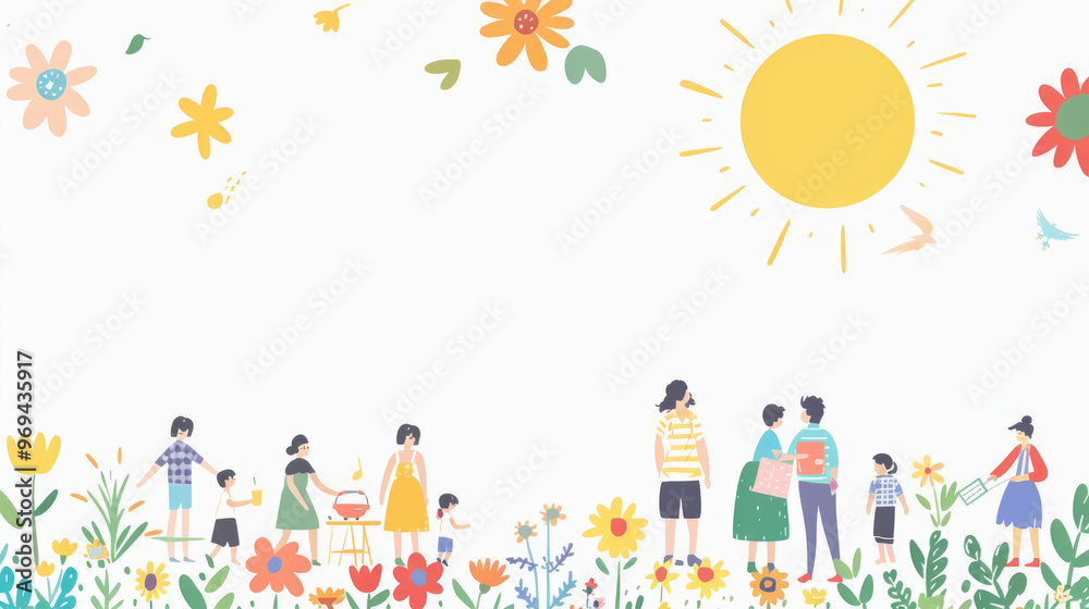 People gather in a colorful park on a sunny day, children play and adults chat among blooming flowers, creating a lively community vibe People gather in a colorful park on a sunny day, children play and adults chat among blooming flowers, creating a lively community vibe