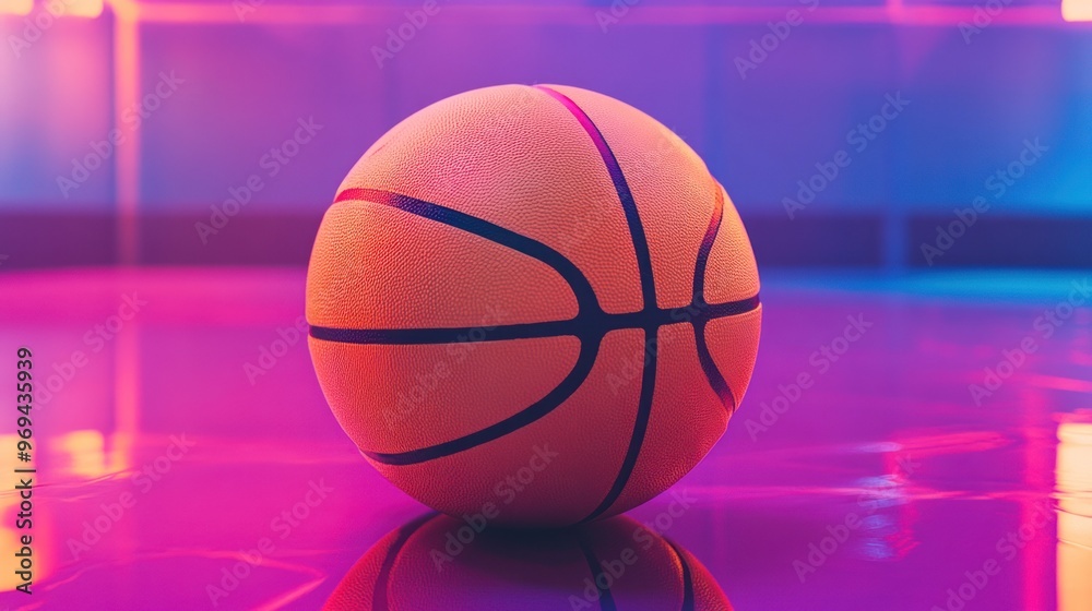 Basketball resting on reflective surface in lit court. Basketball resting on reflective surface in lit court.