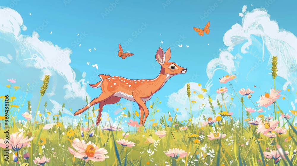 A playful fawn explores a vibrant meadow filled with colorful wildflowers and butterflies fluttering under a clear blue sky A playful fawn explores a vibrant meadow filled with colorful wildflowers and butterflies fluttering under a clear blue sky