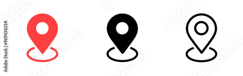 Location icon set. Map pin pointer. Place marker symbol in flat style. Red and black simple navigation pin signs.