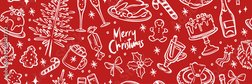 Christmas dinner doodle seamless pattern, vector holiday hand drawn banner, champagne, cake, turkey. Festive New Year night beverages, line design background, gingerbread. Christmas dinner food sketch