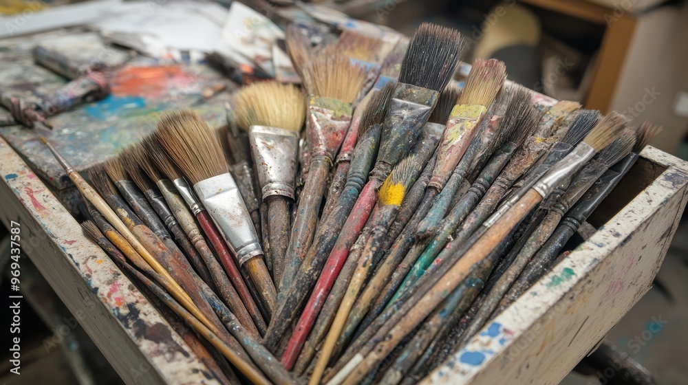 Fototapeta premium Used art equipment tools bristles and brushes with messy paint stains