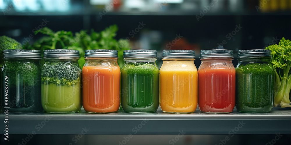 The cans are arranged in a row, the first one on the left contains green juice. Vegetables include carrots and broccoli. The cans are arranged in a row, the first one on the left contains green juice. Vegetables include carrots and broccoli.