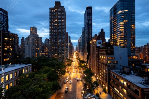 Manhattan skyline at dawn, with the first light of day illuminating the buildings and streets in soft, golden hues photo