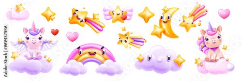 3D sleeping unicorn set, vector cute bedroom kawaii pony sticker toy, falling star, rainbow, moon. Baby sky night bedroom object collection, childish decorative cartoon icon. Fairy tale sleeping bear