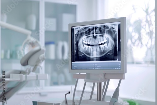 Wallpaper Mural A digital display in the dental office showing x-ray images of teeth, symbolizing advanced technology used for combined aesthetics and care during orthodontic treatment. The background is white with m Torontodigital.ca