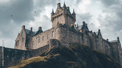 Low angle view of an ancient stone castle under a cloudy sky, Ai Generation