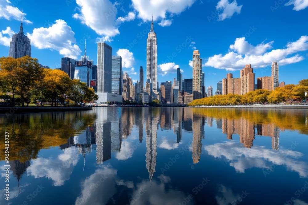 Fototapeta premium Manhattan skyline reflected in the waters of the East River, creating a mirror-like image of the towering skyscrapers
