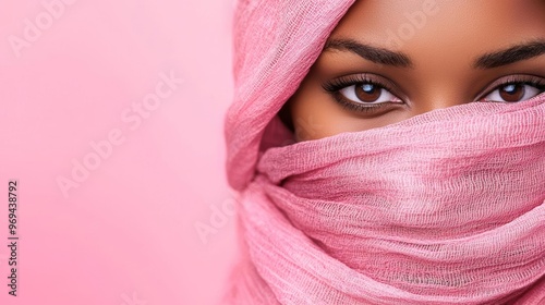 A woman wearing a pink scarf, symbolizing strength and hope in the fight against breast cancer